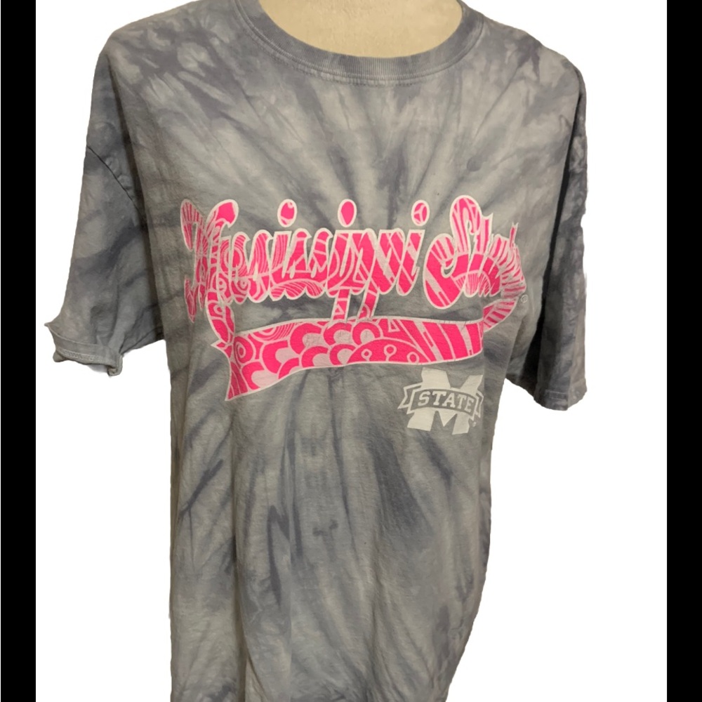 Mississippi State Women’s Tee Gray w Pink Tye-Dyed Sunburst Large